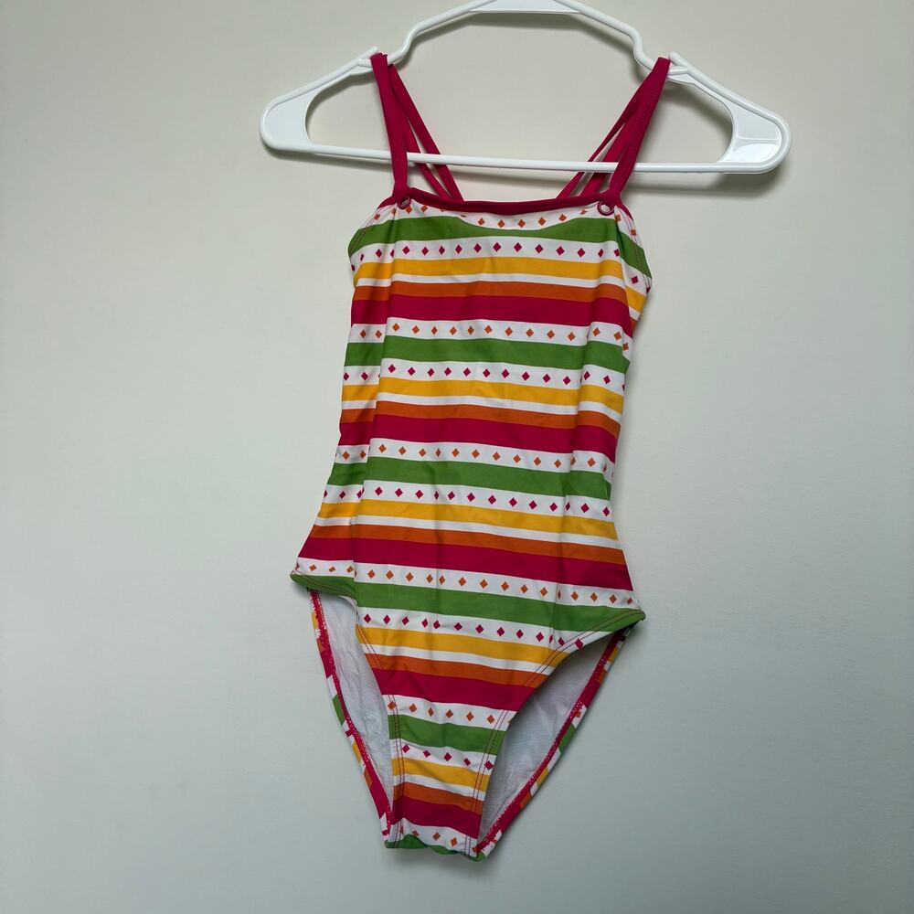 Gymboree Striped One Piece Swimsuit Pink Green Girls Fits 12